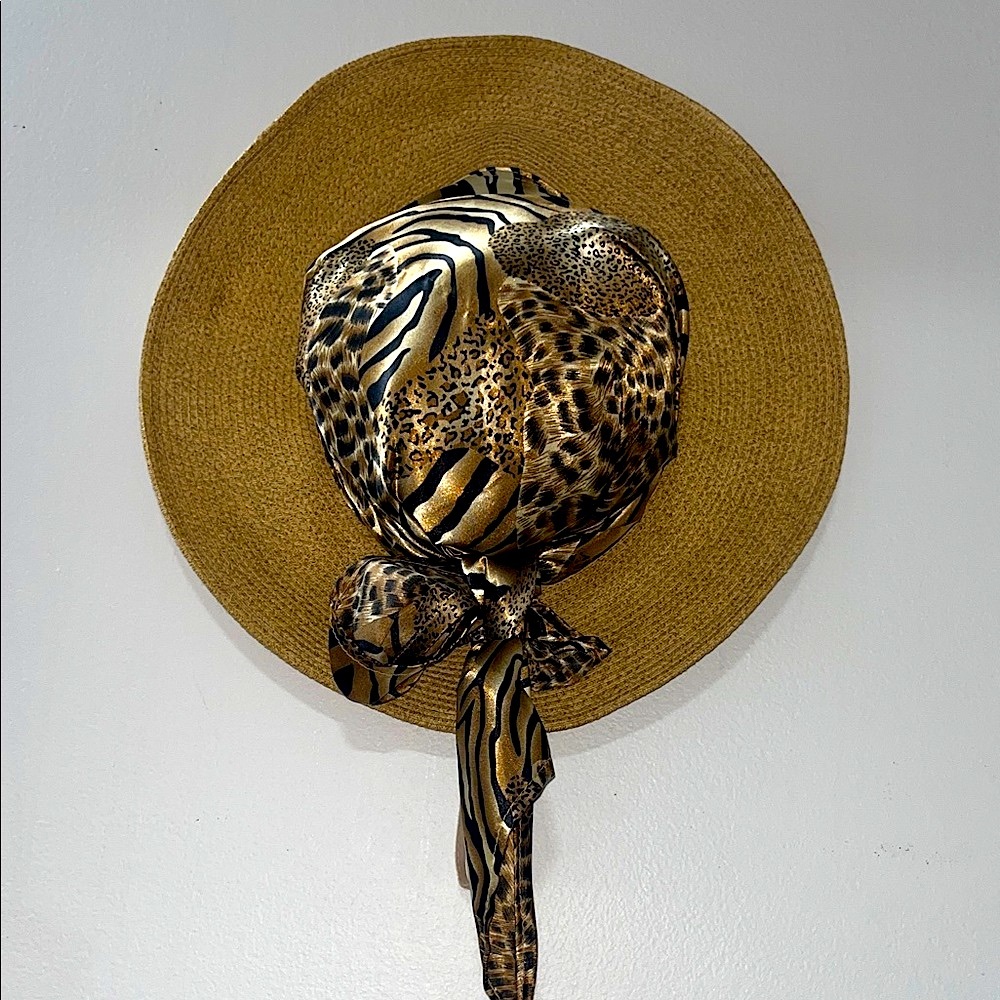 Vintage Tan Straw Hat with Leopard Print Silk Scarf